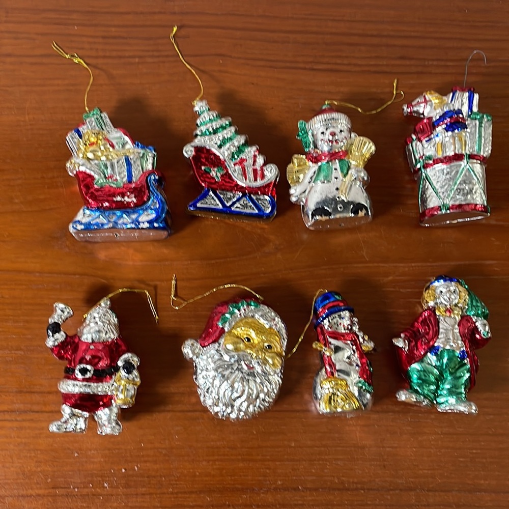 Lot of 8 Vintage Shiny Plastic unbreakable, Christmas Holiday ornaments.